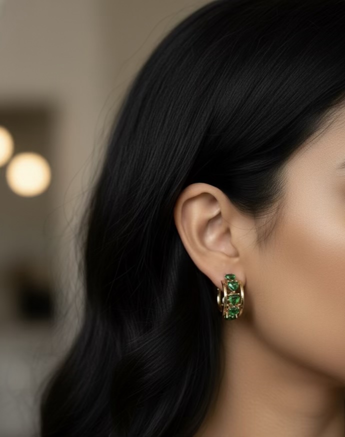 Green Hearts Stoned Hoops Earrings